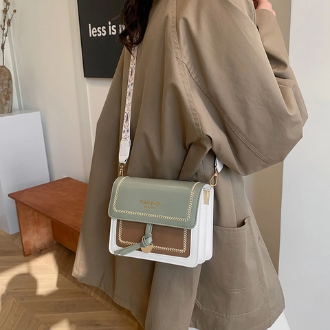 Damen Farbblock Umhängetasche PU Leder Kleine Quadratische Crossbody Tasche Mit Boho Breit Stickerei Gurt Lässige Kuriertasche