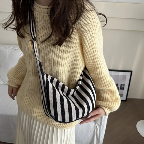 Women Striped Canvas Shoulder Bag Large Capacity Korean Retro Hobo Handbag Adjustable Strap Crossbody Bag Daily Leisure