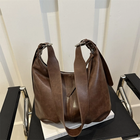 Women Vintage PU Leather Large Capacity Tote Bag Simple Solid Color Shoulder Bag For Commute Travel Handbag