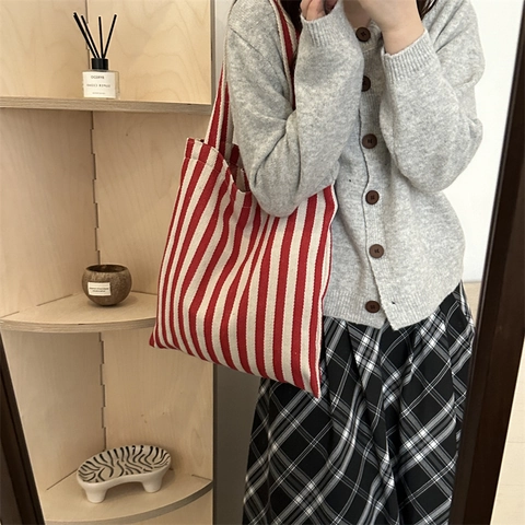 Vintage Minimalistische Vertikale Gestreifte Tote Bag Große Kapazität Damen Mode Schultertasche Für Tägliche Shopping Pendeln Handtasche