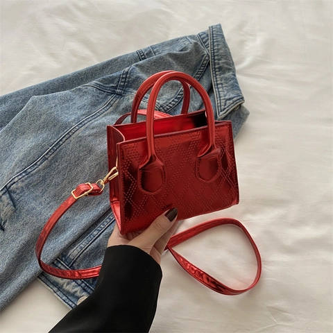 Metallisch Gesteppte Mini Quadratische Tasche Für Damen Modische Glänzende Oberfläche Handtasche Verstellbarer Schultergurt Umhängetasche