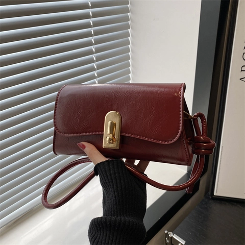 Bolso de Hombro de Cuero PU Retro para Mujer Bolso de Axila Baguette de Color Sólido Minimalista Con Cerradura de Oro