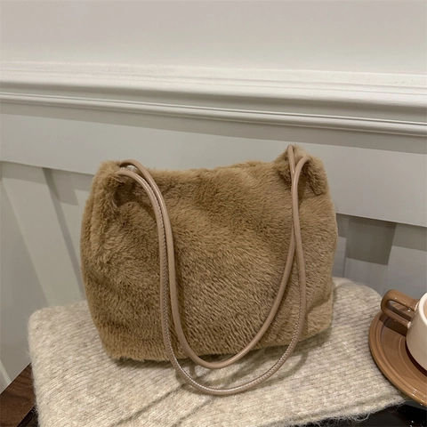 Bolso de Axila de Felpa de Moda para Mujer Bolso Tote de Piel Sintética Gran Capacidad Color Sólido Bolso de Hombro