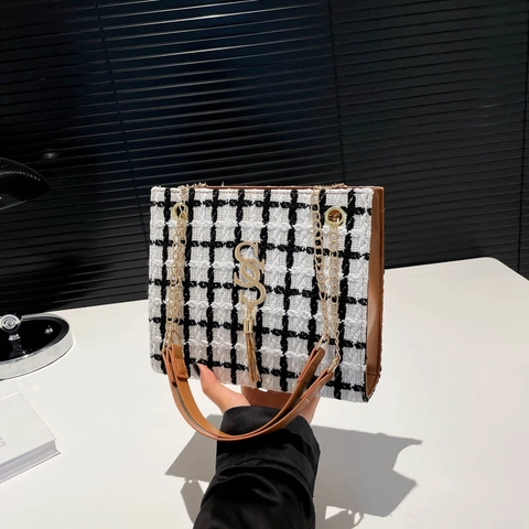 Bolso Tote de Tweed a Cuadros para Mujer Gran Capacidad Casual Urbano Conmutación Cadena Correa de Hombro Con Borla Invierno