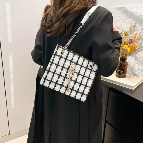 Bolso Tote de Tweed a Cuadros para Mujer Gran Capacidad Casual Urbano Conmutación Cadena Correa de Hombro Con Borla Invierno