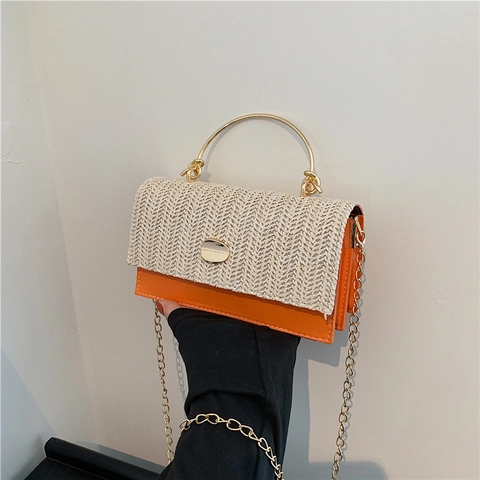 Damen Patchwork Gewebte Stroh PU Leder Schultertasche Metall Rundgriff Gold Kette Umhängetasche Quadratische Handtasche Urlaub