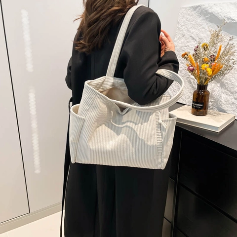 Women Large Capacity Corduroy Tote Bag Simple Solid Color Shoulder Handbag Stylish Ribbed Fabric Commuting Shopper Bag
