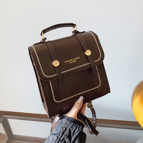 Preppy Style PU Leather Backpack For Women Retro Solid Color Large Capacity School Backpack Handheld Shoulder Bag For Daily