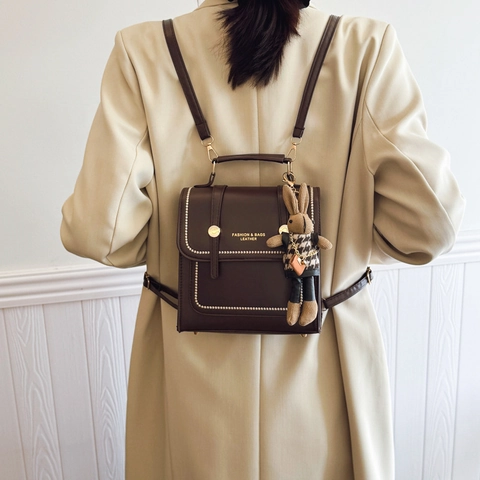 Preppy Style PU Leather Backpack For Women Retro Solid Color Large Capacity School Backpack Handheld Shoulder Bag For Daily
