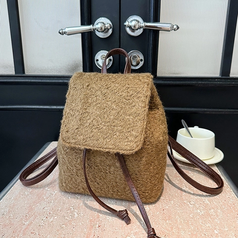 Women Winter Woolen Fashion Backpack Large Capacity Solid Color Teddy Fleece School Bag Daily Commute Backpack