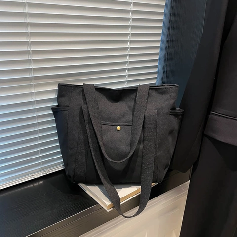 Bolso Tote de Lona para Mujer Gran Capacidad Minimalista Color Sólido Casual Bolso de Hombro Multi Bolsillo Bolso de Mano Trabajo