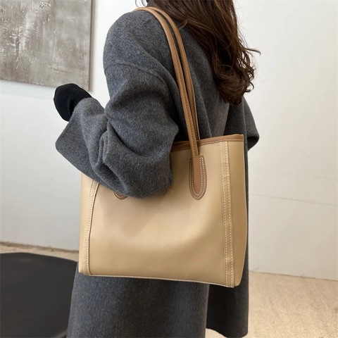 Borsa Tote in Pelle PU da Donna di Grande Capacità Borsa a Tracolla Minimalista con Cuciture a Contrasto per Ufficio Casa