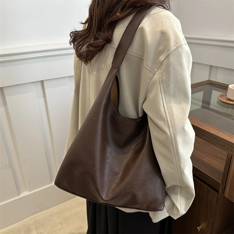 Vintage Women Large Capacity Hobo Bag PU Leather Solid Color Soft Shoulder Tote Bag For Casual Daily Commute Fashion Bag