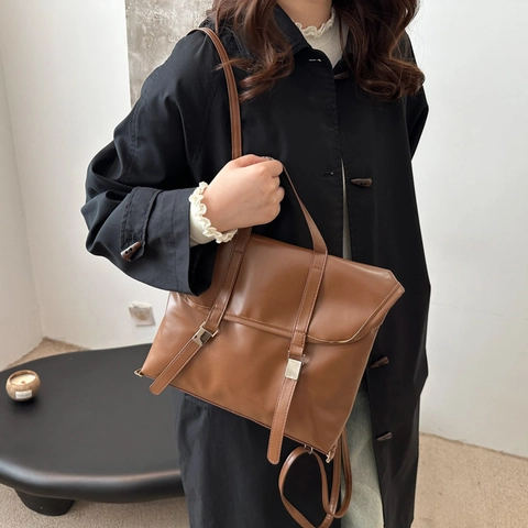 Vintage British PU Leather Backpack For Women Large Capacity College Briefcase Handbag Retro Solid Color Fashion Bag
