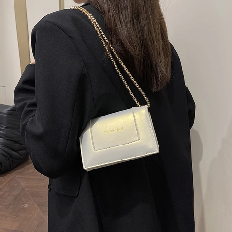 Women Retro PU Leather Small Square Bag With Chain Strap Letter Print Fashion Flap Shoulder Crossbody Bag Handbag