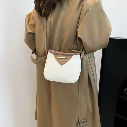Women Fashion PU Leather Litchi Texture Shoulder Bag And Coin Purse Contrast Color Crossbody Bag Metal Decor Bag