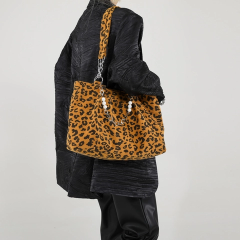 Leopardenmuster Tragetasche Für Damen Große Kapazität Cord Schultertasche Mit Perlenkette Trendy Retro Einkaufen Pendeln Handtasche