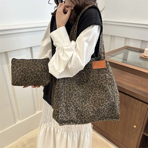 Set Borsa Tote in Tela Leopardata da Donna Con Pochette Grande Capacità Borsa a Spalla per Pendolarismo Quotidiano Moda
