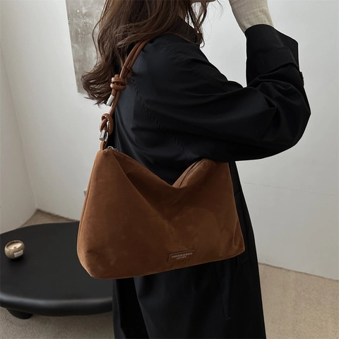 Bolso de Hombro de Textura de Gamuza de Moda para Mujer Correa de Nudo Retro Bolso de Axila Color Sólido Gran Capacidad Bolso Tote 2024