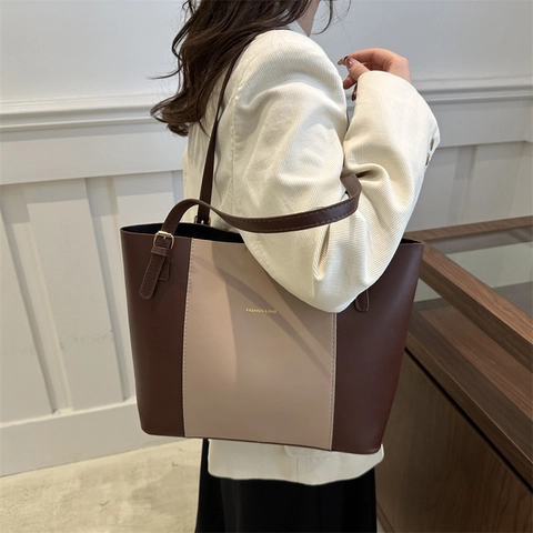 Große Kapazität PU Leder Kontrastfarbe Shopper Für Damen Retro Casual Pendler Schultertasche Mode Handtasche 8670-HJ