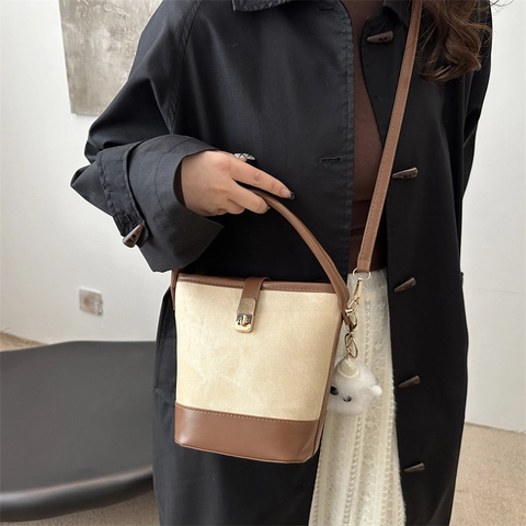 Retro PU Leder Eimertasche Damen Große Kapazität Kontrastfarbe Schulter Umhängetasche Mit Metallschloss Lässige Handtasche