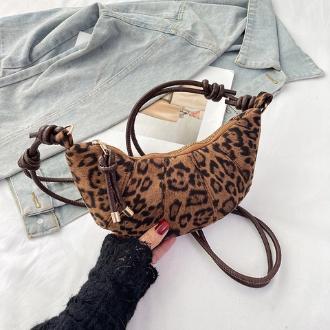 Leopard Print Croissant Bag For Women Large Capacity Half Moon Shoulder Bag Knot Strap Crossbody Bag Casual Dumpling Bag