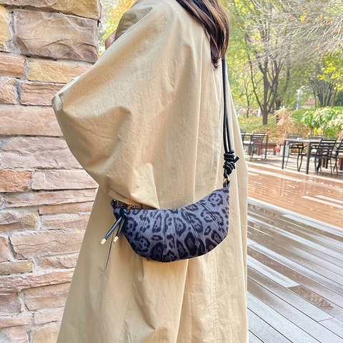 Leopard Print Croissant Bag For Women Large Capacity Half Moon Shoulder Bag Knot Strap Crossbody Bag Casual Dumpling Bag