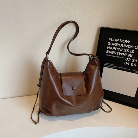 Damen Große Kapazität PU Leder Schultertasche Vintage Plissierte Hobo Tote Bag Mit Kette Pendler Mode Handtasche