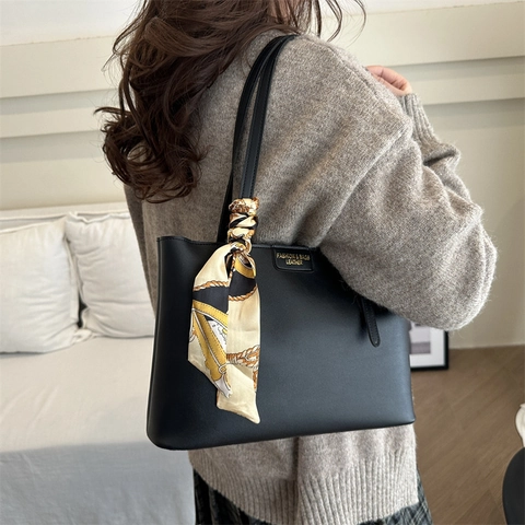Women Large Capacity Tote Bag With Scarf Decoration Retro Casual PU Leather Shoulder Bag Fashion Urban Handbag For Daily Office