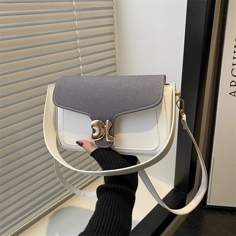 Women Retro PU Leather Color Block Shoulder Bag With Metal Buckle Urban Minimalist Square Crossbody Handbag Daily Satchel