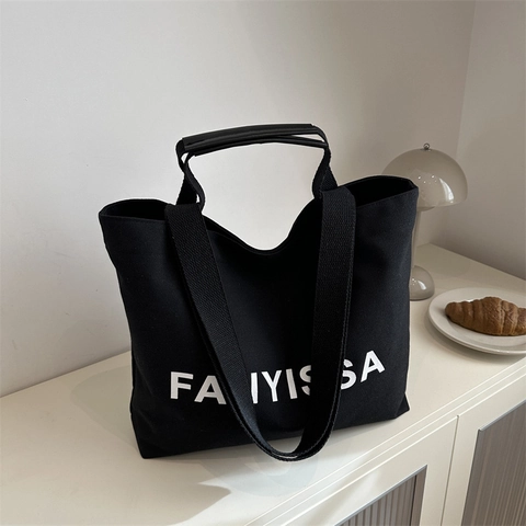 Women Large Capacity Canvas Tote Bag Urban Minimalist Letter Print FANYISSA Shoulder Handbag Commuting Daily Shopping Bag