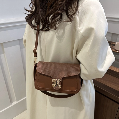Women Retro PU Leather Color Block Shoulder Bag With Metal Buckle Urban Minimalist Square Crossbody Handbag Daily Satchel