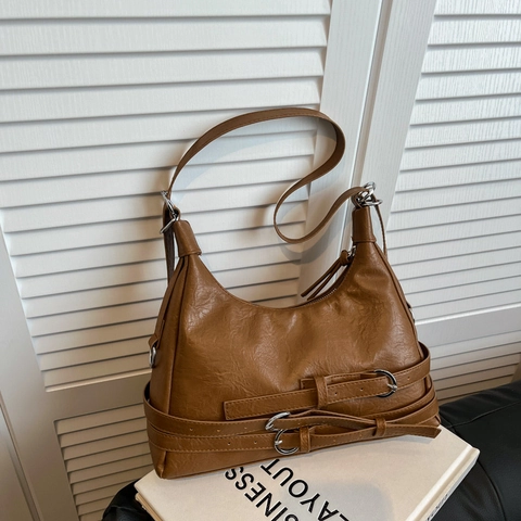 Bolso de Hombro con Decoración de Cinturón Vintage de Cuero PU de Gran Capacidad Bolso Hobo para Mujer Casual Color Sólido Bolso de Axila