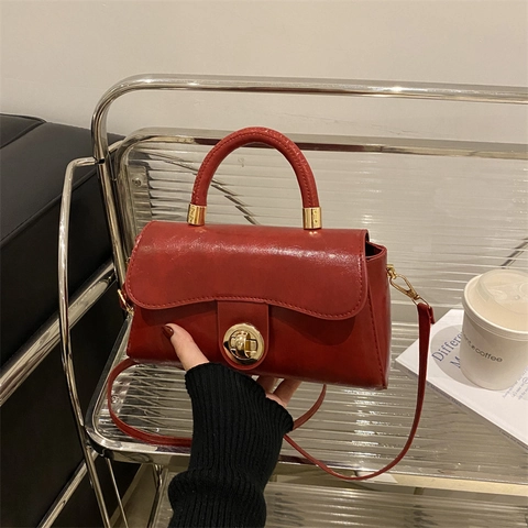 Trendy Minimalist PU Leather Small Square Bag Retro Women Shoulder Crossbody Handbag With Pendant Lock Commute Bag