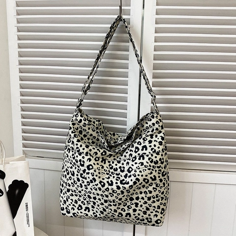 Borsa Tote in Nylon Leopardata di Grande Capacità alla Moda per Donna Borsa a Tracolla Street Style Versatile con Tracolla Regolabile