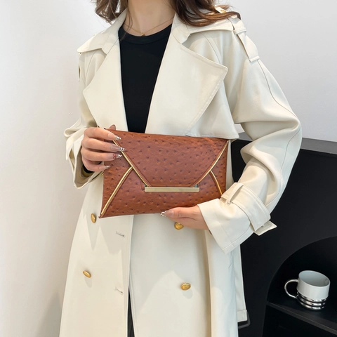 Borsa Clutch da Donna Vintage con Motivo a Struzzo Goffrato in Pelle PU a Busta con Rifiniture in Metallo Dorato per Matrimoni e Feste