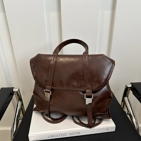Women Retro PU Leather Backpack Flap Cover Metallic Buckle Commuter Fashion Tote Bag With Detachable Baseball Pendant