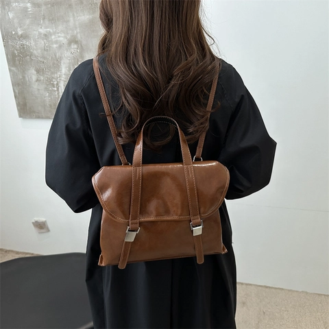 Women Retro PU Leather Backpack Flap Cover Metallic Buckle Commuter Fashion Tote Bag With Detachable Baseball Pendant