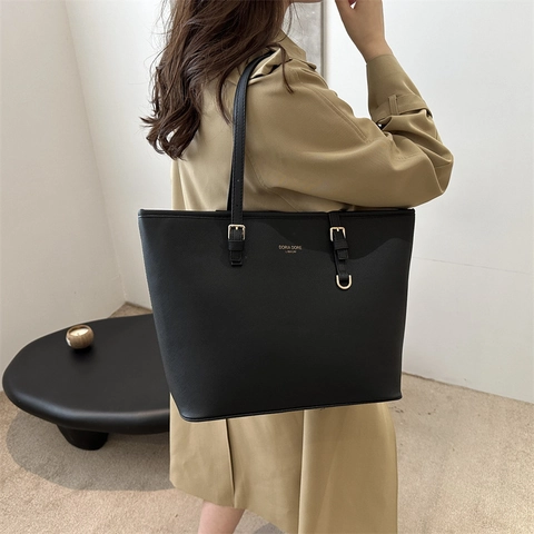 Women Large Capacity Fashion Tote Bag Black PU Leather Minimalist Shoulder Bag Solid Zipper Handbag For Work Daily