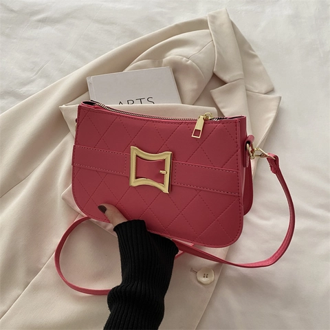 Fashion Women Quilted PU Leather Shoulder Bag Urban Minimalist Crossbody Bag With Large Metal Buckle Casual Tote Handbag