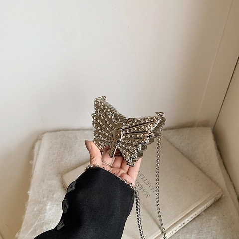 Borsa da Sera Mini in Nylon a Forma di Farfalla con Strass Oro Argento Catena Metallica a Tracolla da Donna Matrimonio Festa