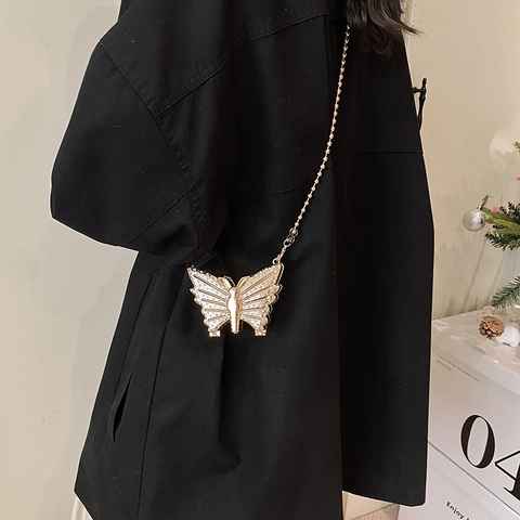 Borsa da Sera Mini in Nylon a Forma di Farfalla con Strass Oro Argento Catena Metallica a Tracolla da Donna Matrimonio Festa