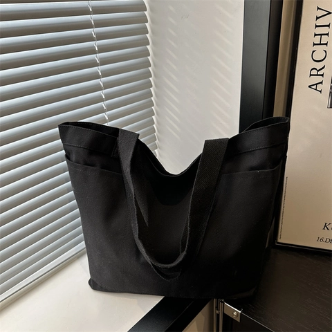 Große Kapazität Canvas Tote Bag Für Damen Minimalistisch Urban Stil Doppel Schultergurt Multi Tasche Lässig Pendler Handtasche