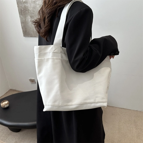 Große Kapazität Canvas Tote Bag Für Damen Minimalistisch Urban Stil Doppel Schultergurt Multi Tasche Lässig Pendler Handtasche