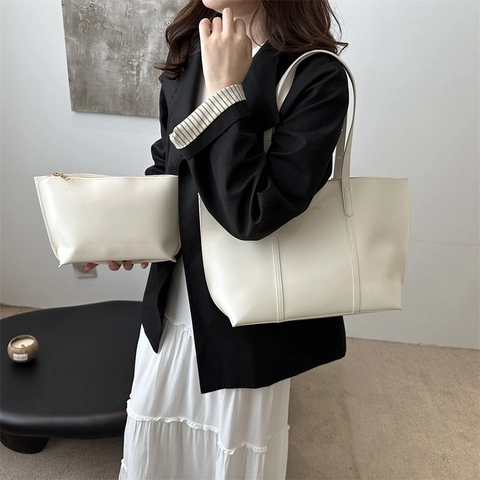 Women Vintage PU Leather Tote Bag With Inner Pouch Large Capacity Minimalist Shoulder Bag For Daily Commuting Office Lady