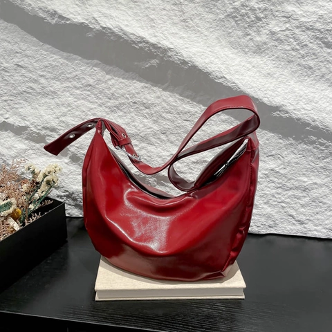 Borsa Hobo Donna Retrò a Mezzaluna in Pelle PU Lucida Grande Capacità Borsa a Spalla Con Tracolla Regolabile Borsa a Tracolla
