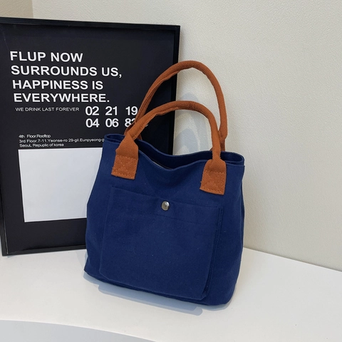 Damen Casual Segeltuch Einkaufstasche Große Kapazität Japanisch Harajuku Minimalistische Handtasche Mit Kontrastgriff Und Fronttasche