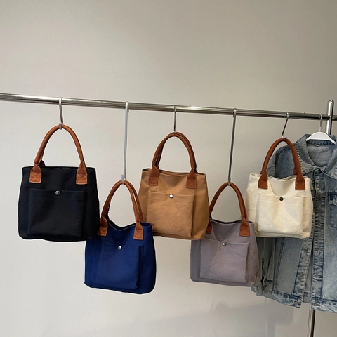 Bolso Tote de Lona Minimalista para Mujer Con Asas en Contraste Color Sólido Bolso de Mano para el Día a Día