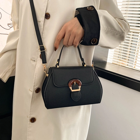 Vintage Women Lychee Pattern PU Leather Shoulder Bag Amber Buckle Fashion Handbag Crossbody Square Bag Daily Casual Purse