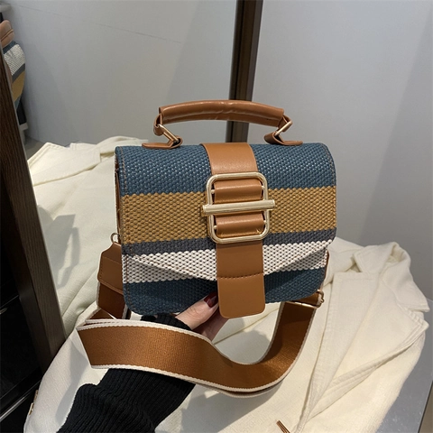 Damen Gestreifte Nylon Weberei Schultertasche Kontrastfarbe Umhängetasche Metallschnalle Casual Commute Square Bag